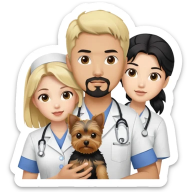 Blonde nurse with Dark haired Korean Asian handsome muscular man with black pointy hair full goatee.   Holding one blonde yorkie.  sticker