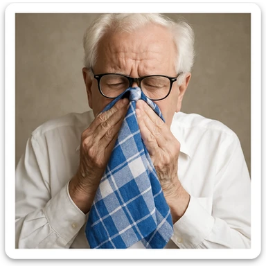 old man with white hair, white skin, black-framed glasses, wearing a white shirt, blowing his nose on a large thick blue and white checkered handkerchief sticker