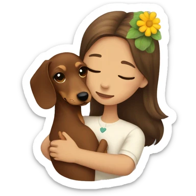 Dachshund hugging a girl with brown hair and a flower in her hair sticker
