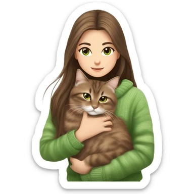 Siberian tappy cat with white paws and green eyes and white nose have a cozy time with a beautiful girl with long brown hair and brown eyes and she wearing a brown sweater  sticker