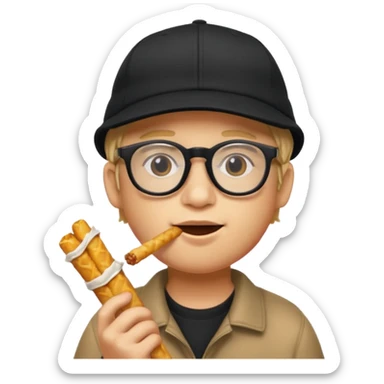 num num eatting hashbrown sticks with a plain black cap and glasses sticker