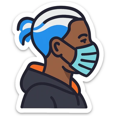 Adjust the hoodie to be black with only the inside and edge of the hood in orange. Keep the Black-skinned man with white and blue hair tied up at the back, blue at the ends and center, wearing a medical mask, right angle view, hairstyle as before. sticker