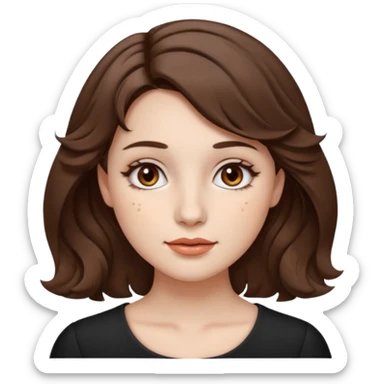 A very beautiful woman with fair white skin, short wavy brown hair, and brown eyes. She has ten small beauty marks (moles) scattered across her face. Her appearance is cute and elegant, with soft feminine features. Emoji-style portrait with clear face details. sticker