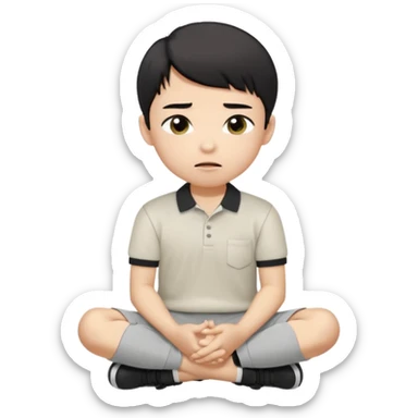 A cartoon young Asian boy with short black hair, light beige skin, and large expressive eyes, wearing a white polo shirt, gray pants, and black shoes. He sits cross-legged on the ground, one fist resting on his cheek, with a closed-mouth smirk. Clean lines, flat colors, solid black background. sticker