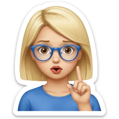 Blonde girl with brown eyes, blue glasses saying shhhh with her finger in the middle of her pouty lips sticker