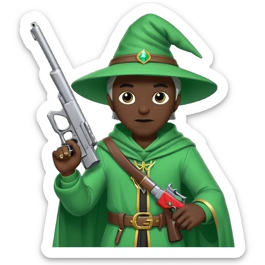A wizard 🧙 wearing green clothes, with black skin, holding a pistol 🔫 and a rifle sticker