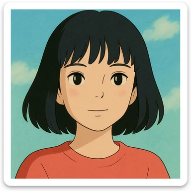 portrait of a girl with black shoulder-length hair, bangs, black almond-shaped eyes, full lips, and straight nose, in Ghibli style sticker