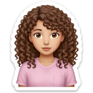 A Latina girl with brown eyes and long loose curly hair with curly bangs with a light pink shirt sticker