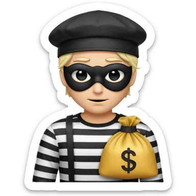 a short ios emoji-style portrait of a classic burglar, a black eye mask and a black-and-white striped shirt. emoji-like hair, black hat, ONE bag of money 💰 with a dollar sign in a right corner, evil expression WITHOUT a hand  sticker