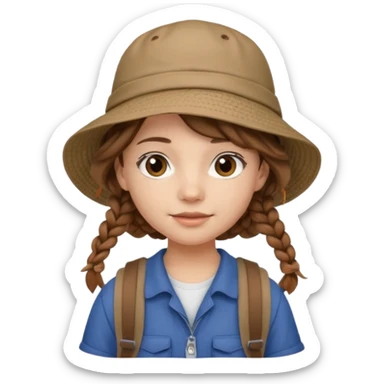 a young student girl with the backpack with bucket hat, brown wavy braided hair sticker