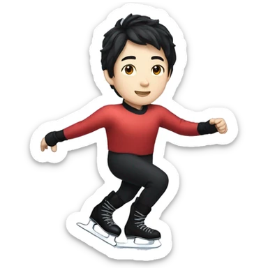 male asian ice skater with a red shiny shirt and black pants with black hair and pale skin skating trough the ice sticker