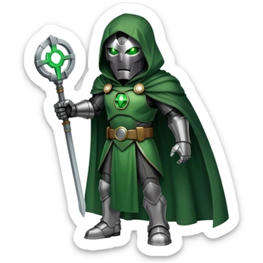 Doctor Doom standing with glowing green eyes visible through his metal mask, wearing green cloak sticker