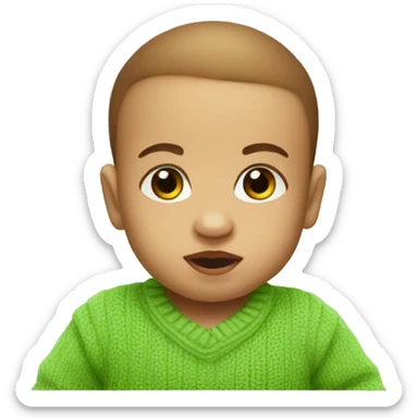 a 2 month old baby with a green sweater and brown eyes farts sticker
