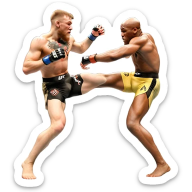 An MMA showdown between Conor McGregor and Anderson Silva in the octagon. McGregor is executing a powerful jumping strike, while Silva is expertly blocking the attack with his forearm. The background features the UFC octagon, fans in the distance, and dynamic action. Transparent background sticker
