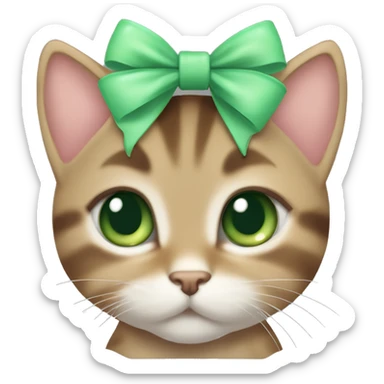 kawaii brown tabby kitten with green eyes and pastel green bow on top of head sticker