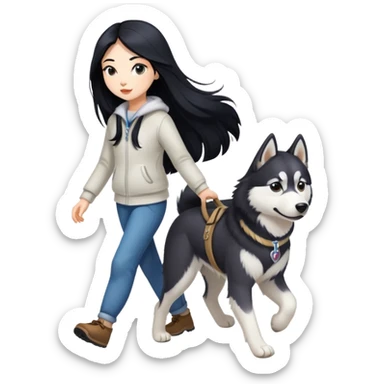 A girl with long black hair walks a husky sticker
