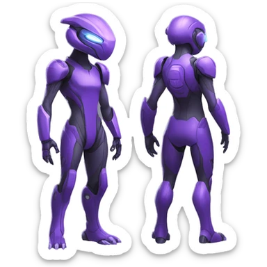 A purple Reptile-Raptor-Genesect-Mewtwo-Fakémon, with a futuristic visor-helmet, wearing a techwear-suit, Full Body sticker