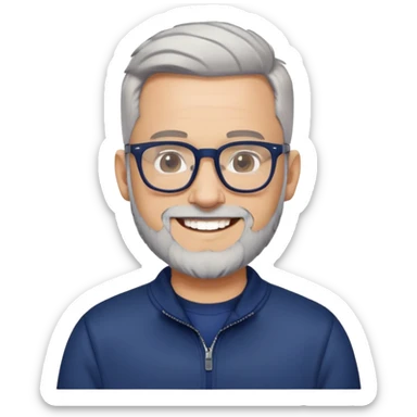 Light-skinned man with tight fade haircut (nearly shaved sides fading to very short on top), short graying beard, big black glasses frames, happy smile, navy blue zip-up sweatshirt with long sleeves sticker