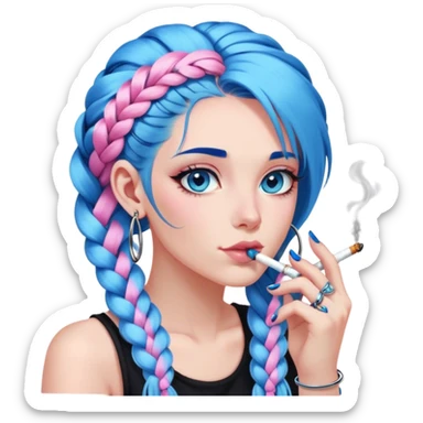 Long blue hair with a braid, blue eyes, wearing black, wearing big silver hoop earrings, smoking a cigarette, long acrylic nails painted pink and blue sticker