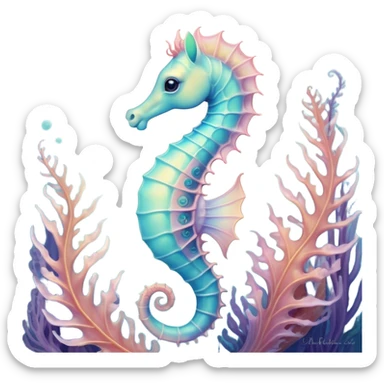 Cinematic Noble Sea Horse Portrait Emoji, Poised and enchanting, with a delicate, slender body in soft pastel hues, a gracefully curled tail and large, expressive eyes radiating gentle wonder, Simplified yet charmingly cute features, highly detailed, glowing with a soft, magical aquatic luminescence, high shine, intelligent and endearing, stylized with an air of whimsical marine grace, focused and poised, soft glowing outline, capturing the essence of a watchful and confident seahorse that appears ready to drift out of the screen with delightful charm! sticker