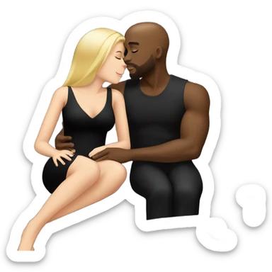 Blonde woman with blue eyes and long straight hair wearing a short black dress and a black man who is bald with a goatee seated together on a sofa enjoying a loving kiss.   sticker