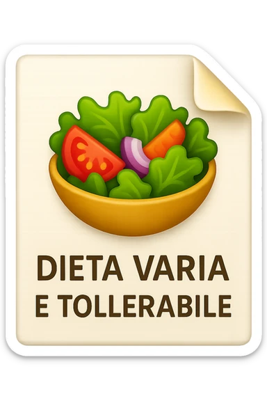 emoji stile iphone di un foglio con un insalata disegnata sopra e la scritta "DIETA VARIA E TOLLERABILE, iperrealistico 4k, isolato su sfondo bianco sticker
