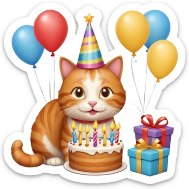 Ginger cat celebrates birthday, birthday hat, birthday cake, balloons, happy, gifts sticker