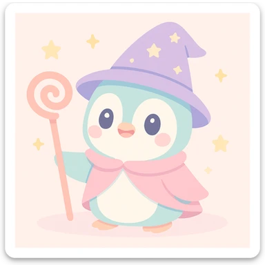 cute penguin wizard holding a magical staff in a fantasy setting sticker
