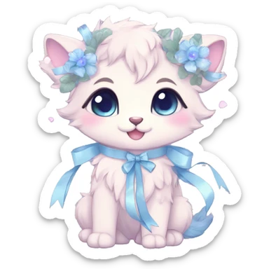 Anthro Cute Cool Blushing Pastel Innocent Shy Kawaii gorgeous sparkly ethereal fantasy anime animal creature with blue eyes furry sona with flowers and ribbons beautiful aesthetic sticker