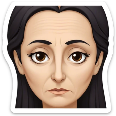 Mirri Maz Duur is a weathered, age 50 woman with deep-set dark eyes, high cheekbones, and a sharp nose, giving her a stern, knowing expression. Her long, unkempt dark hair  falls loosely over her shoulders sticker