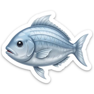 whole silver fish or fillet encased in a thin layer of frost, subtle ice crystals on the surface, slightly muted color tone, texture firm and chilled, clean defined contours, no packaging, tray, or garnish, soft lighting, subtle shadows, emoji scale sticker