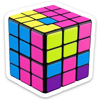 A 3x3 Rubik's Cube with bright 90s American colors, neon pink, electric blue, neon green, vibrant yellow, and purple, minimalist design sticker