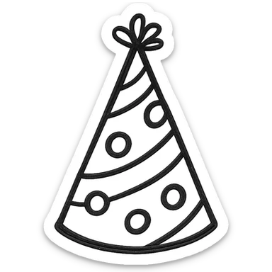 party hat, sketchy black lines, playful, no fill sticker