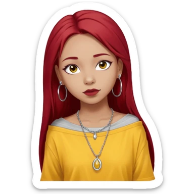 generate a pretty bratz girl with dark brown eyes. Dark long red hair straight long. wearing a yellow oversized tee falling off her shoulder, dainty silver necklace, silver hoops, septum piercings. big eyeliner sticker