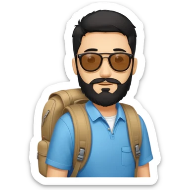 Man with sunglasses on his black hair wearing a backbag and a beard sticker