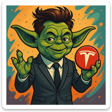 Yoda with Elon Musk's hairstyle and suit, holding a Tesla logo, playful style, Star Wars meets Silicon Valley theme sticker