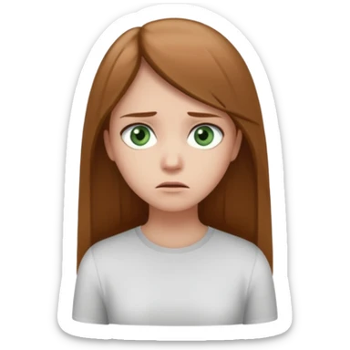 Cartoon emoji of a girl with long, straight light brown hair, fair skin, soft green eyes. Wearing a white top, standing slightly apart from a group, looking unsure and miserable. Nervous, fearful, lacking confidence. Smooth, simple, stylized." sticker