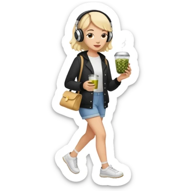 a young woman full length walks with headphones on with a caviar sandwich in one hand and herbal tea in the other hand sticker