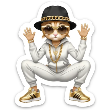 female cat wearing Run DMC hip-hop outfit with tracksuit, fedora, Adidas sneakers, dark sunglasses, many gold chains and bling accessories, break dancing sticker