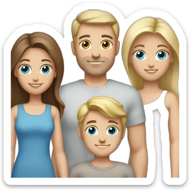 white family dad, short brown hair blue eyes, mum long brown hair blue eyes, boy brown hair blue eyes, toddler blonde hair blue eyes sticker