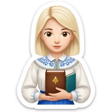 Young Ukrainian librarian wearing a traditional white embroidered vyshyvanka shirt holding books sticker