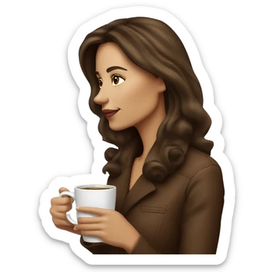 Side view realistic posh brown haired woman drinks coffee sticker