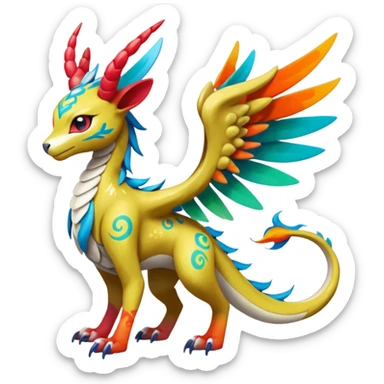 Tribal Colorful Exotic Dutch-Angel-Dragon-Fionbri-Kalon-Falvie-Vernid-Meloetta-Pokémon-Fakémon-Digimon-Spectrobe-hybrid-fusion, full body, with painted paint splash markings  sticker