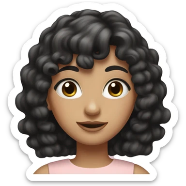 White woman with long black curly hair and bangs and dark brown eyes, wearing a pastel pink dress sticker