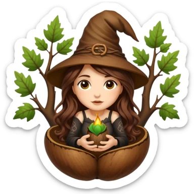 cute forest witch woman long wavy brown hair tattoos sitting inside acorn sticker