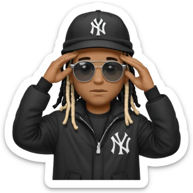 African American man with shoulder length black dreadlocks wearing black sunglasses with black bubble winter coat wearing a New York Yankees baseball hat with his hands on top of head in thinking position sticker