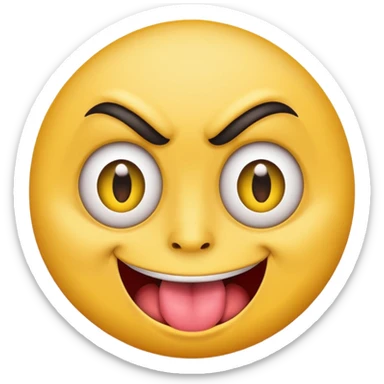 A yellow round face emoji smirking with its tounge out but the eyes are evil and kind of crazy and the eyebrows are turned in but one is raised  sticker