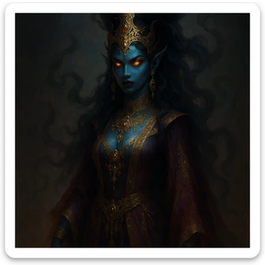 a beautiful but evil jinn queen, elegant, mystical, with an aura of power and menace, intricate jewelry, flowing robes, glowing eyes, fantasy style sticker