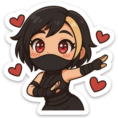 Create a chibi anime style ninja girl dancing to the right. Keep the same face, hair, mask, outfit, and hearts as the reference image. Change the pose so her body and arms are leaning to the right in a cute dance move, slightly different from frame 2. Transparent background, sized for Twitch emoji use. This is animation frame 4. sticker