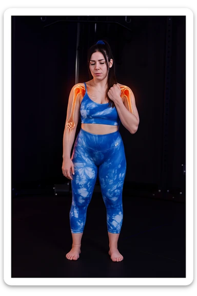 A woman with shoulder pain, add anatomically highlighted shoulders on the body, variant 5, in a style suitable for editing and anatomical emphasis. sticker